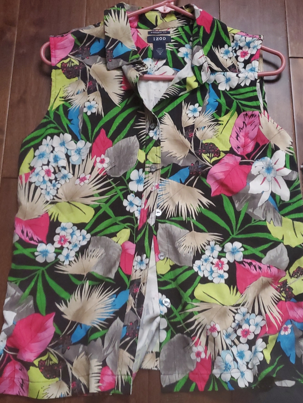 IZOD Black Tropical Floral Sleeveless Button-Up Top Size 10 Silk
